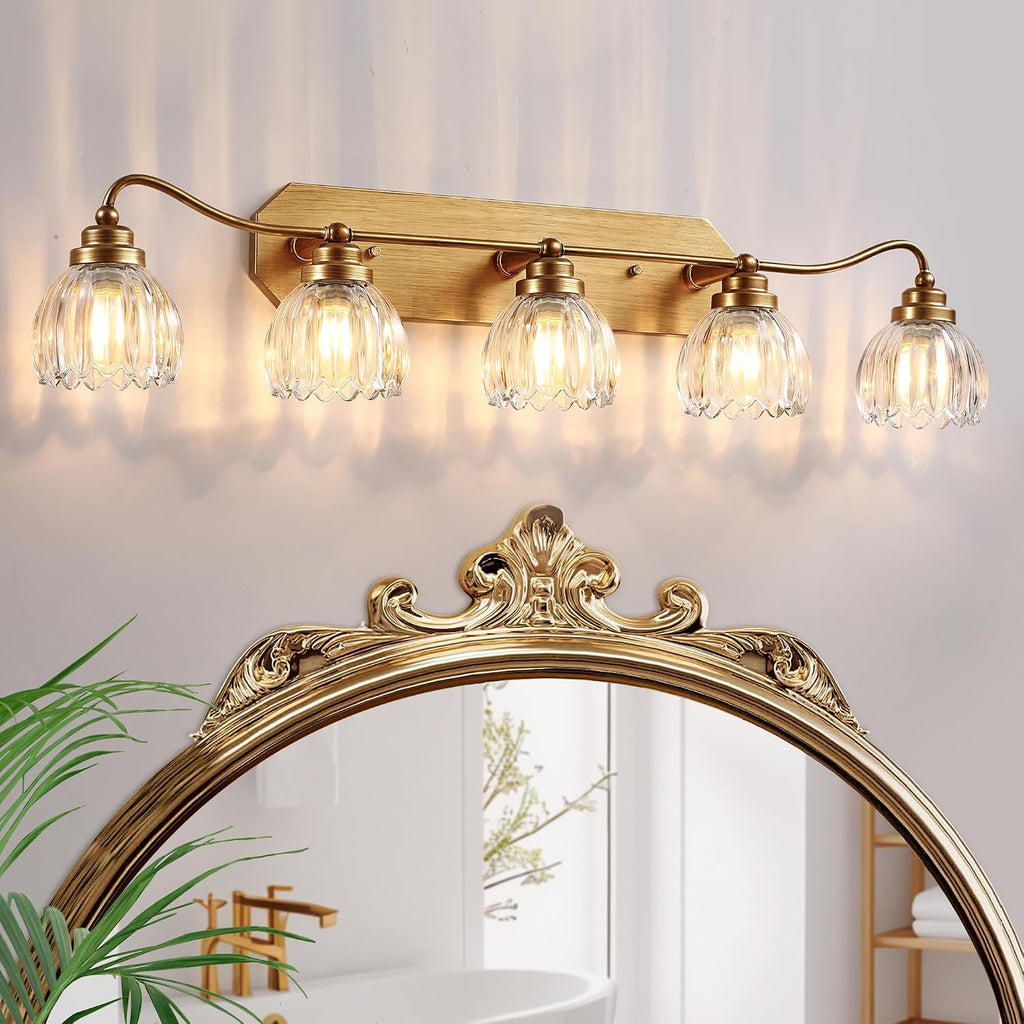 Vintage Bathroom Light Fixtures, 5 Light Gold Bathroom Vanity Light, Matte Antique Brass Finish with Crystal Glass Shade, Wall Sconces Lighting for Bedroom, Living Room, Hallway