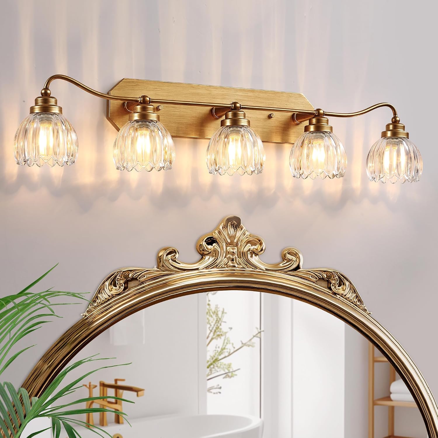 Vintage Bathroom Light Fixtures, 5 Light Gold Bathroom Vanity Light, Matte Antique Brass Finish with Crystal Glass Shade, Wall Sconces Lighting for Bedroom, Living Room, Hallway