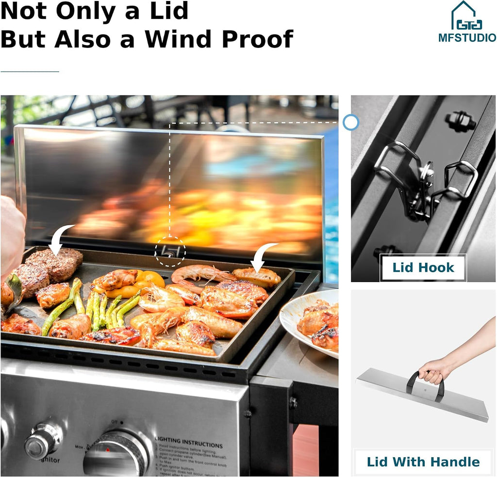 MFSTUDIO 2-Burner Propane Gas BBQ Grill with Cast Iron Griddle Pan, 20,000 BTU Output Small Barbecue Grill for Outdoor, Patio, Backyard and Balcony