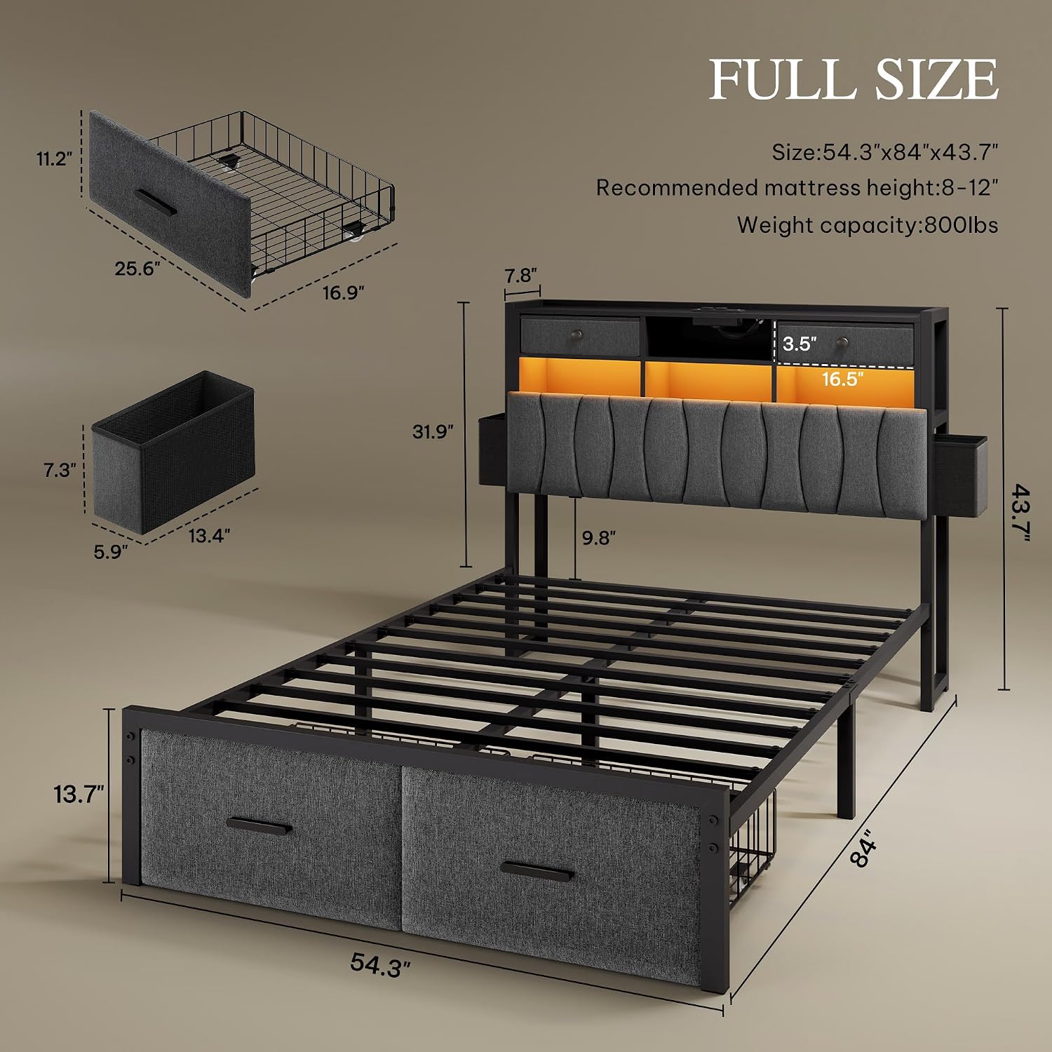 YITAHOME Full Size with 2 Storage Drawers and Charging Station, Linen Upholstered Platform Bed with Storage Headboard and LED Light, Heavy Duty Metal Support, No Box Spring Needed, Noise Free, Grey