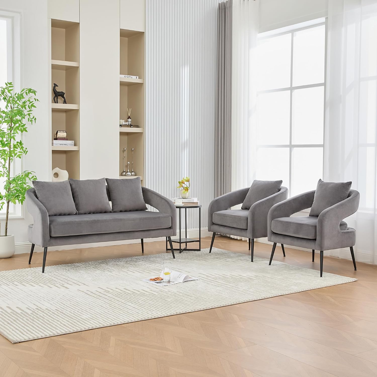 3-Piece Modern Minimalist Style Sofa Set with Metal Legs,Open Back Sofa Conversation Set,Loveseat Couch & 2 Accent Chair for Living Room,Bedroom,Office,Reception,Charcoal