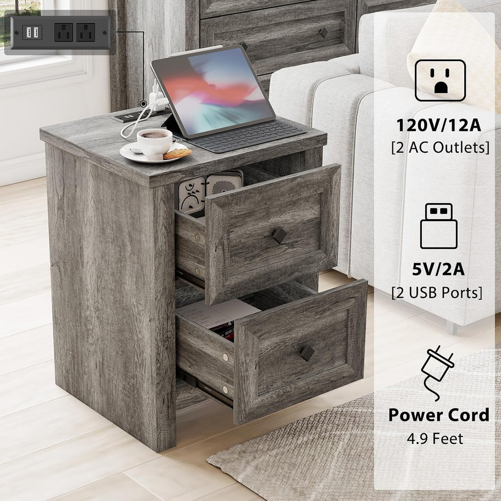LUXOAK Bedroom Dresser and Nightstand 3 Piece Set, 1 X Wood Rustic 6 Drawer Storage Dresser, Nightstand Set of 2 with Charging Station, Farmhouse Bedroom Furniture Set, Rustic Grey