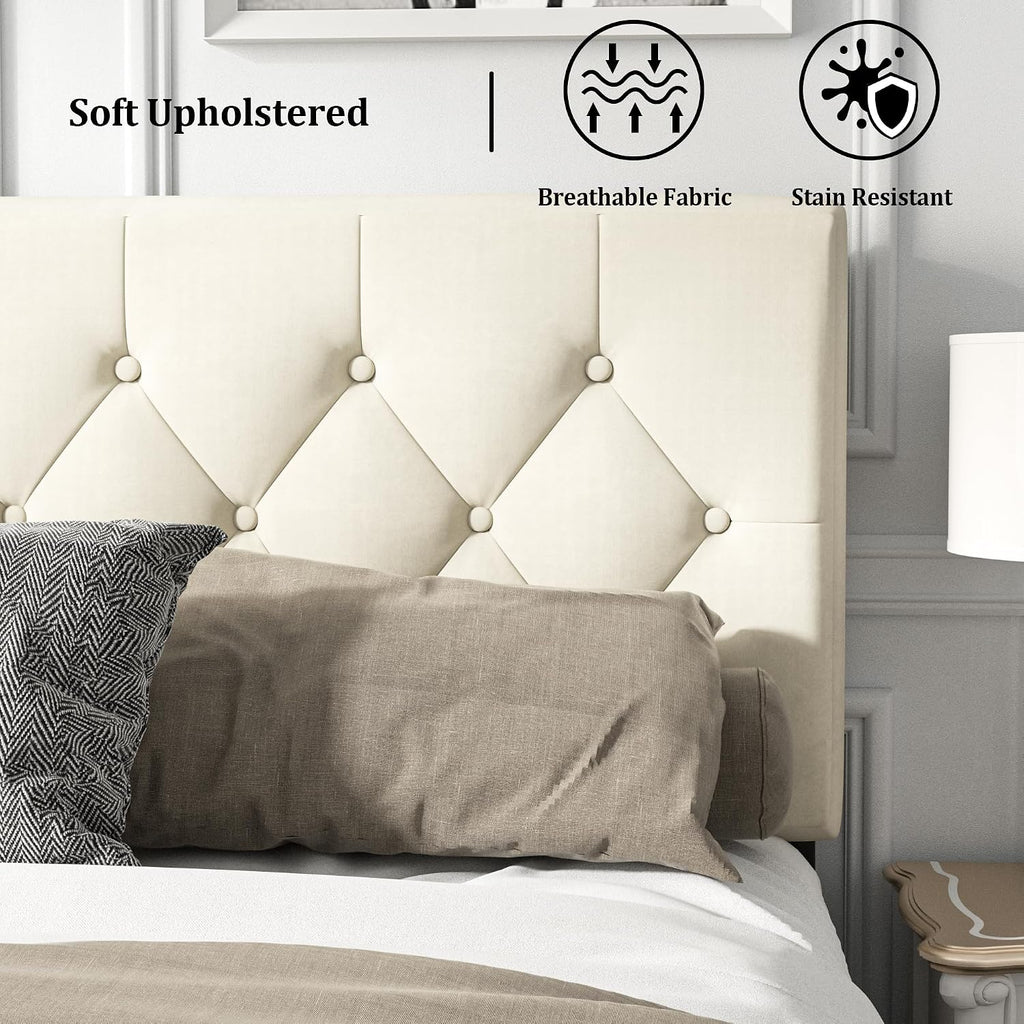 HAOARA Full Size Platform Bed Frame with Upholstered Button Tufted Headboard, Mattress Foundation with Wooden Slat Support, Noise Free, No Box Spring Needed, Easy Assembly, Beige Velvet
