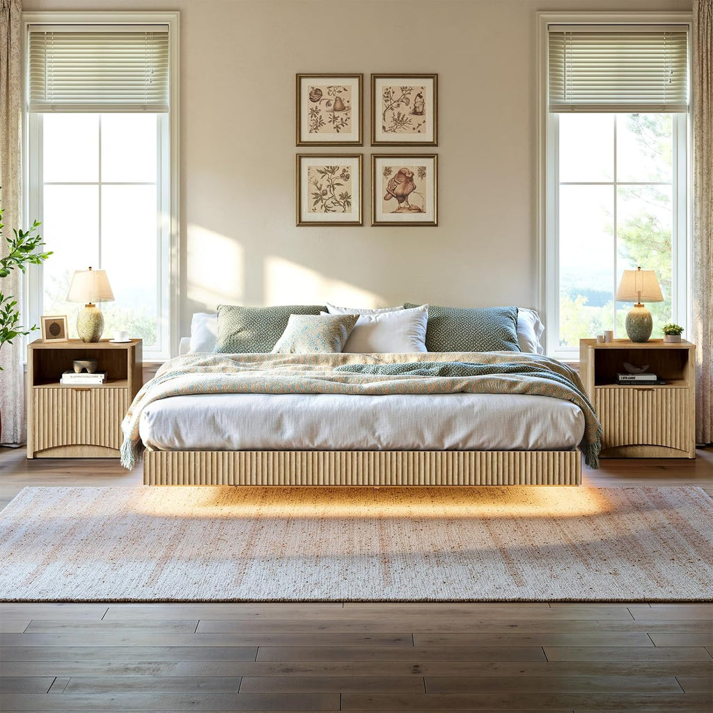 Evermagin Bedroom Furniture Set-Bed with 2 Nightstands, Mid Century Modern Bedroom Set, Floating Bed Frame Led Lights, Fluted Floating Room Furnitures, 3-Piece Room Set (Nbh, King)
