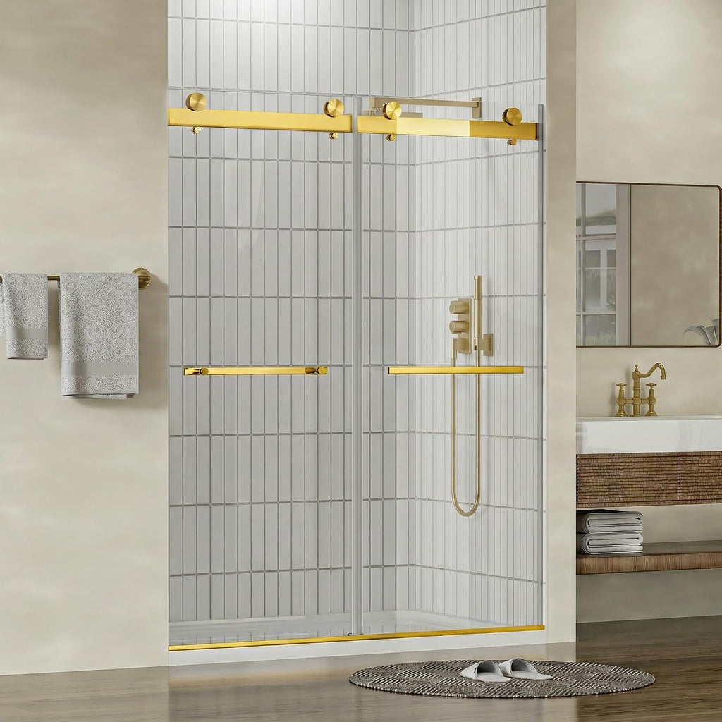 Findepot 44'-48' W x 75' H Frameless Shower Door, Double Sliding Shower Door,5/16'(8mm) Clear Tempered Glass,Stainless Steel Hardware,Brushed Gold