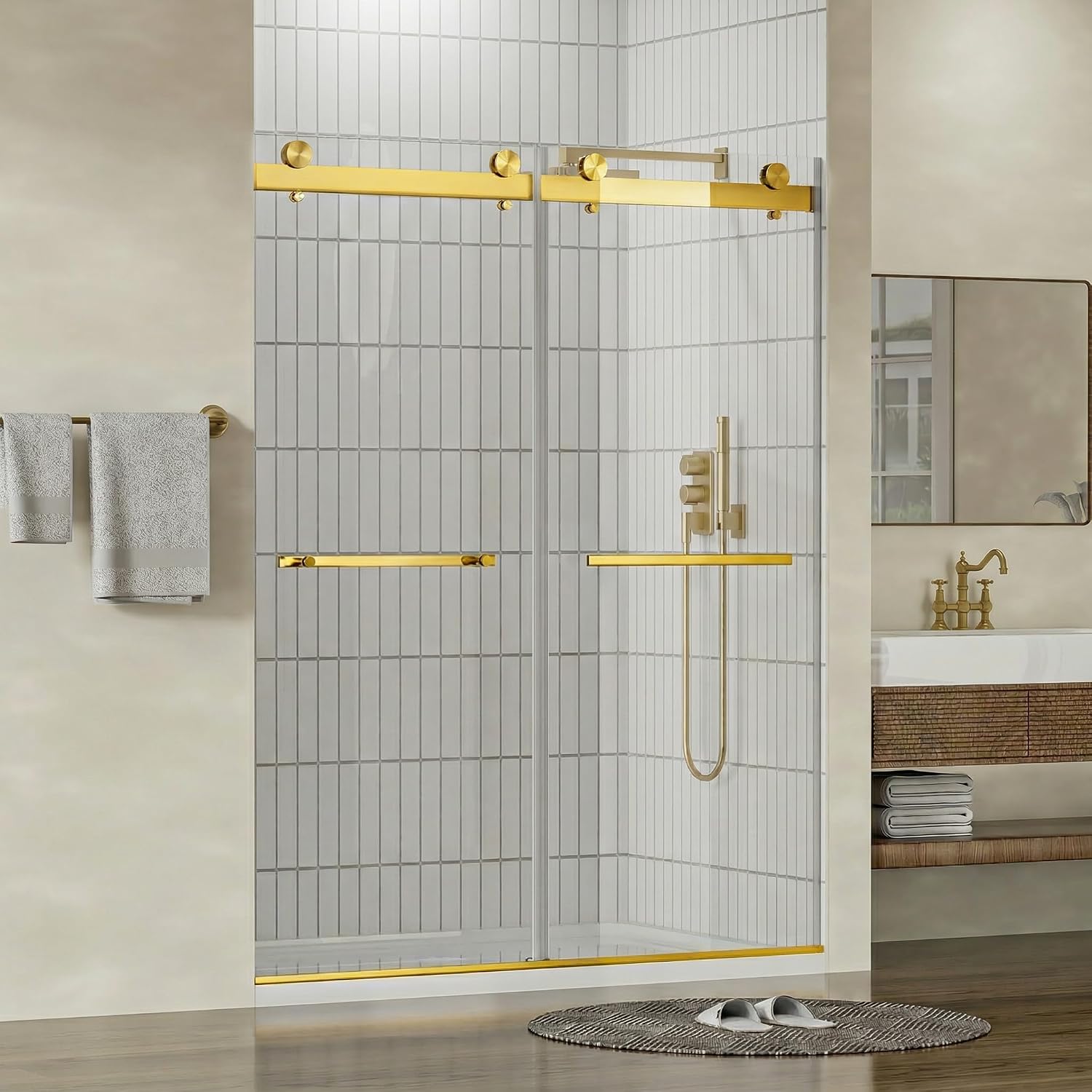 Findepot 44'-48' W x 75' H Frameless Shower Door, Double Sliding Shower Door,5/16'(8mm) Clear Tempered Glass,Stainless Steel Hardware,Brushed Gold