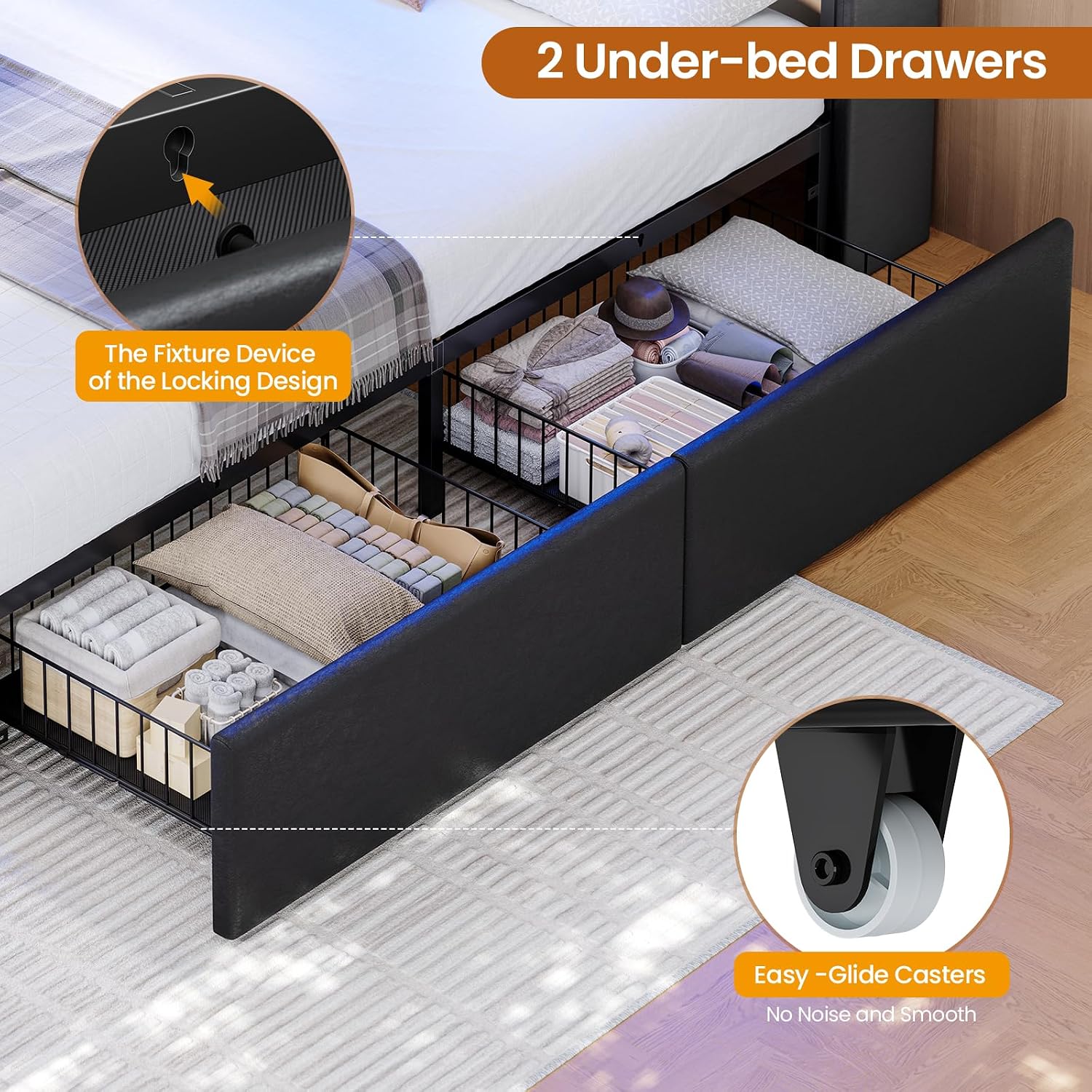DICTAC Twin Bed Frames with Storage Headboard and 2 Large Drawers, Gaming Bed with RGB Lights and Charging Station, Leather Upholstered Platform Bed, Esports-Style Bed, No Box Spring Needed, Black