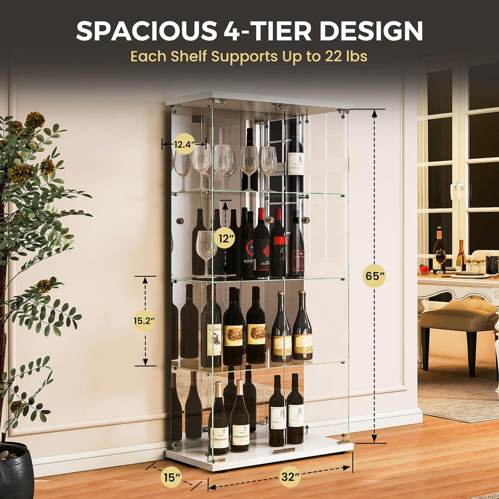 Mirrored Glass Display Cabinet with Lock, 4-Shelf Tempered Glass Curio Cabinet with 2 Doors, Collectible Display Showcase for Living Room, Bedroom – White