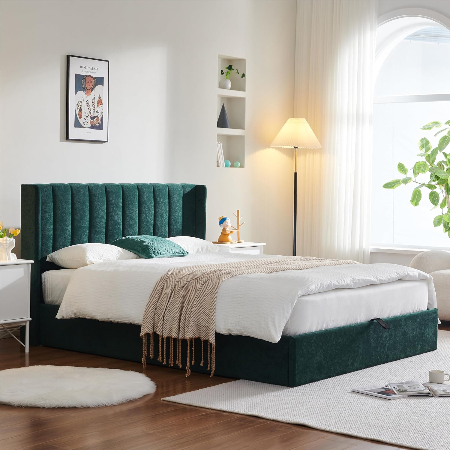 YUHUASHI Queen Size Hydraulic Storage Bed, Upholstered Platform Bed Frame, Modern Wingback Design Headboard, Velvet Fabric with Hydraulic Support Bars, No Box Spring Required (Ink Green, Queen)