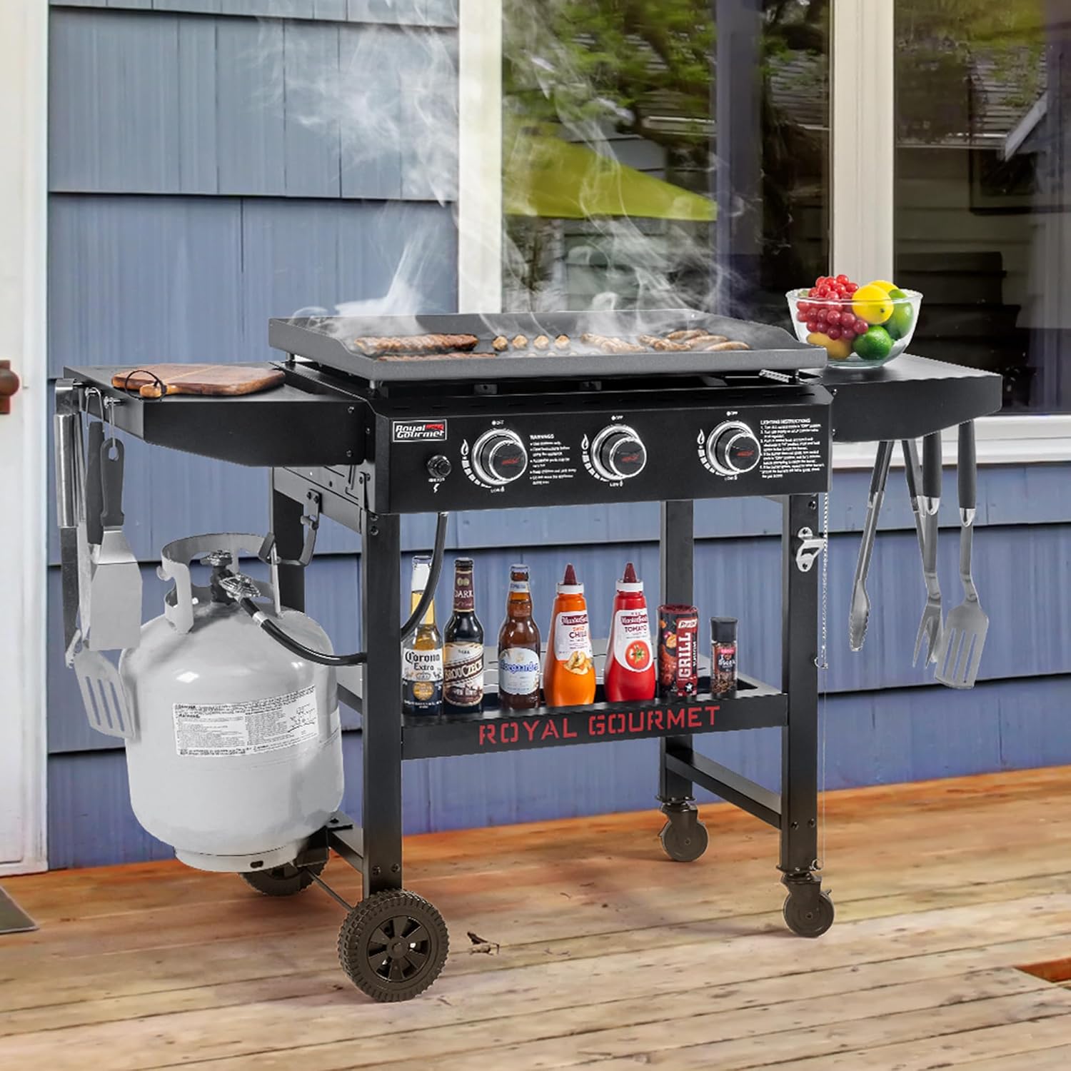 GB3000H 28-Inch 3-Burner Propane Gas Griddle in Black, Griddle with Collapsible Side Shelves, 492 Sq. In. Cooking Area, Perfect for Outdoor Cooking like Camping or Tailgating, Black