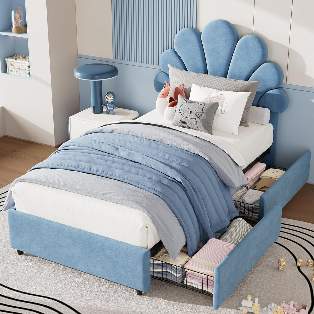 Twin Size Bed Frame for Kids - Cute Princess Style Velvet Headboard with 2 Storage Drawers, Upholstered Platform Bedframe with Solid Wood Slats Support, No Box Spring Needed, Easy Assembly, Blue