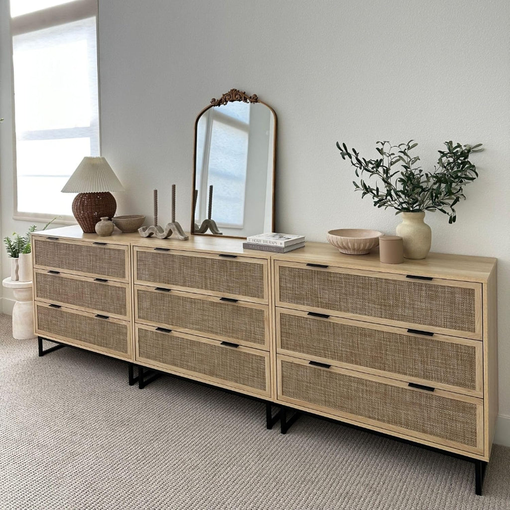 Nathan James Kova 3-Drawer Rattan Dresser or Boheminan Living Room Storage Cabinet with Textiline Rattan Accent and Metal Legs, Light Oak/Black