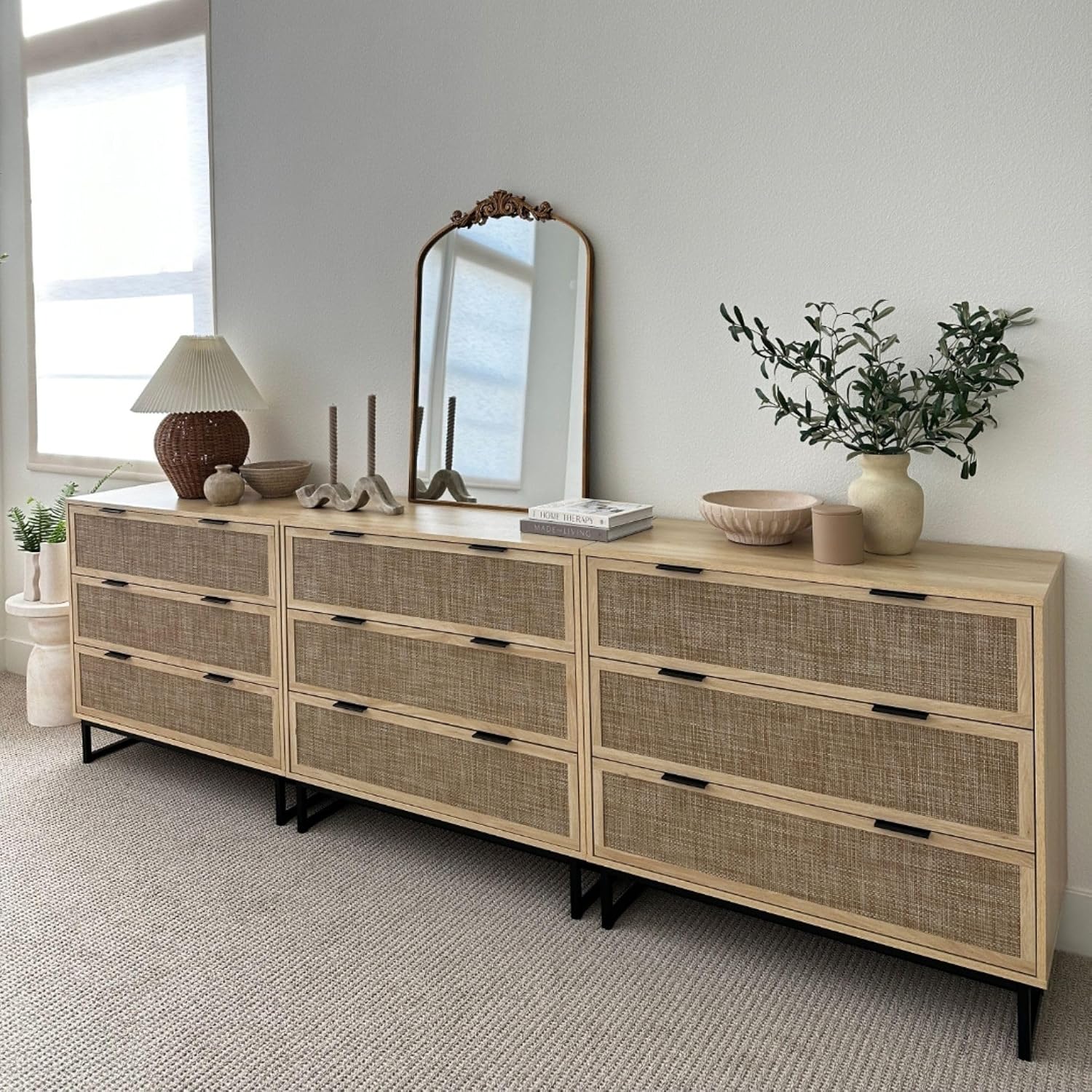 Nathan James Kova 3-Drawer Rattan Dresser or Boheminan Living Room Storage Cabinet with Textiline Rattan Accent and Metal Legs, Light Oak/Black