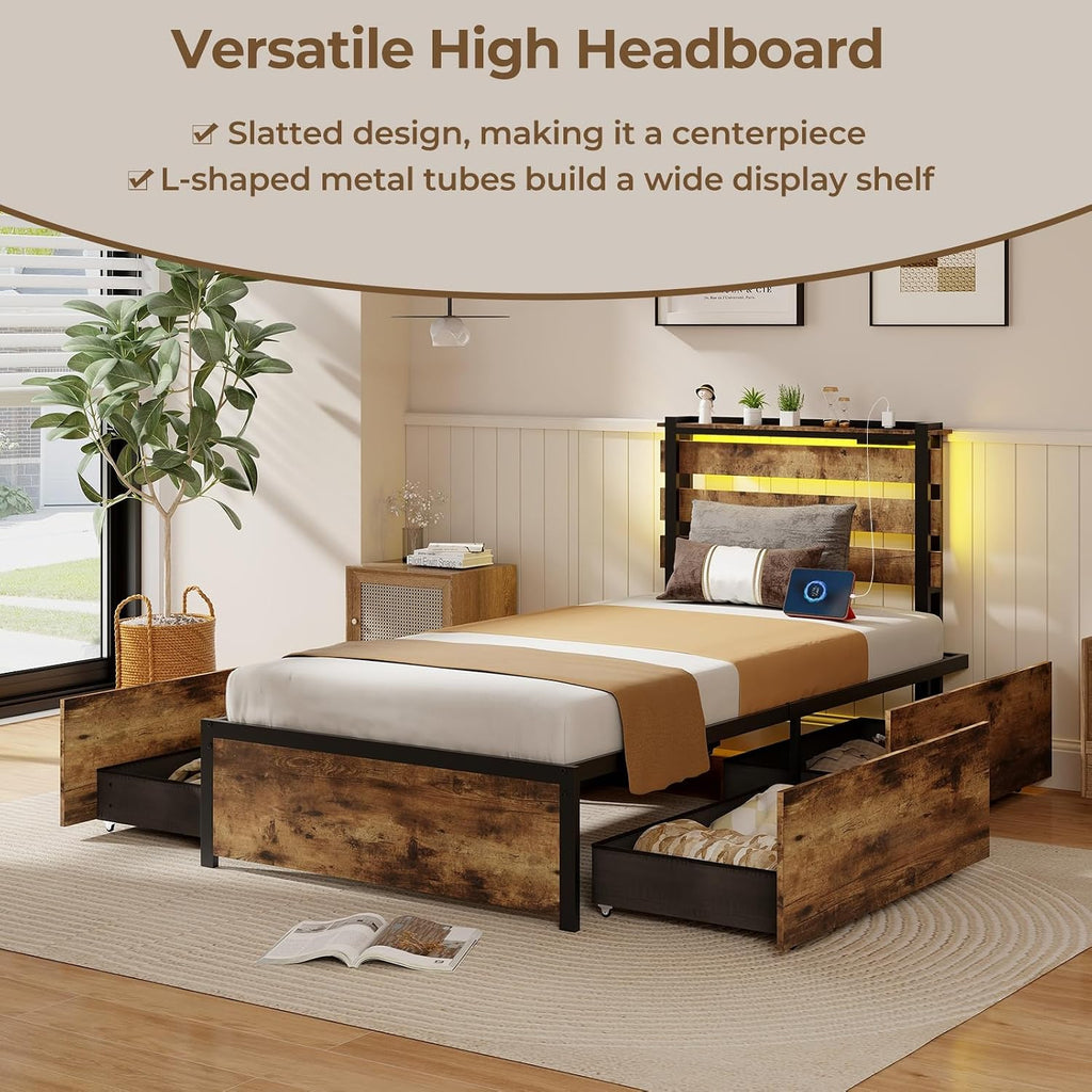 Giantex Twin Bed Frames for Kids, Twin Bed Frame with LED Lights Headboard and 4 Storage Drawers, Metal Platform Bed with Charging Station, Easy Assembly, No Box Spring Needed, Smart LED Bed Frame