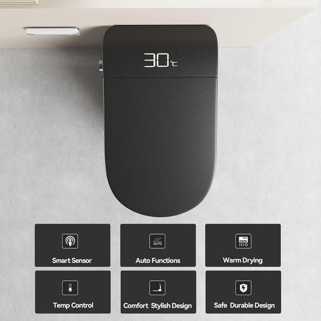 Smart Toilet,One Piece Toilet,Ceramic Toilet with Bidet Built in & Dryer, Auto Open/Close, Instant Warm Water,Heated Seat,Sensing Distance, Black