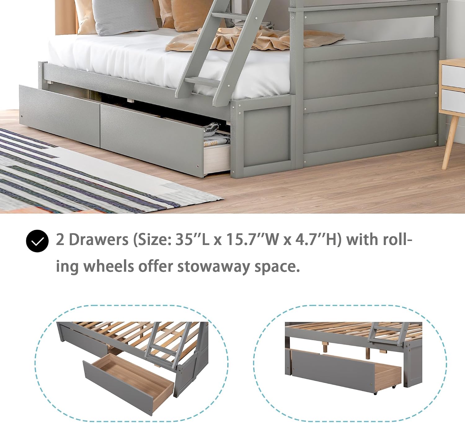 Merax Twin Over Full Bunk Bed, Wood Bunk Bed with Removable Ladders and Two Storage Drawers, Convertible into Two Individual Beds (Grey)