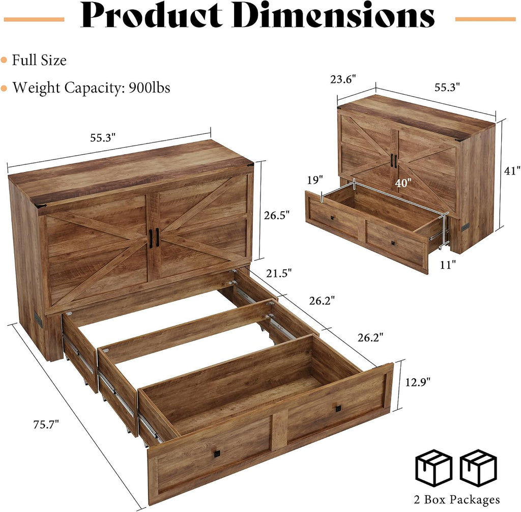 AMERLIFE Full Murphy Bed Cabinet with Charging Station and Storage, Farmhouse Foldable Platform Bed for Guest Room, Office, Small Spaces, Barnwood