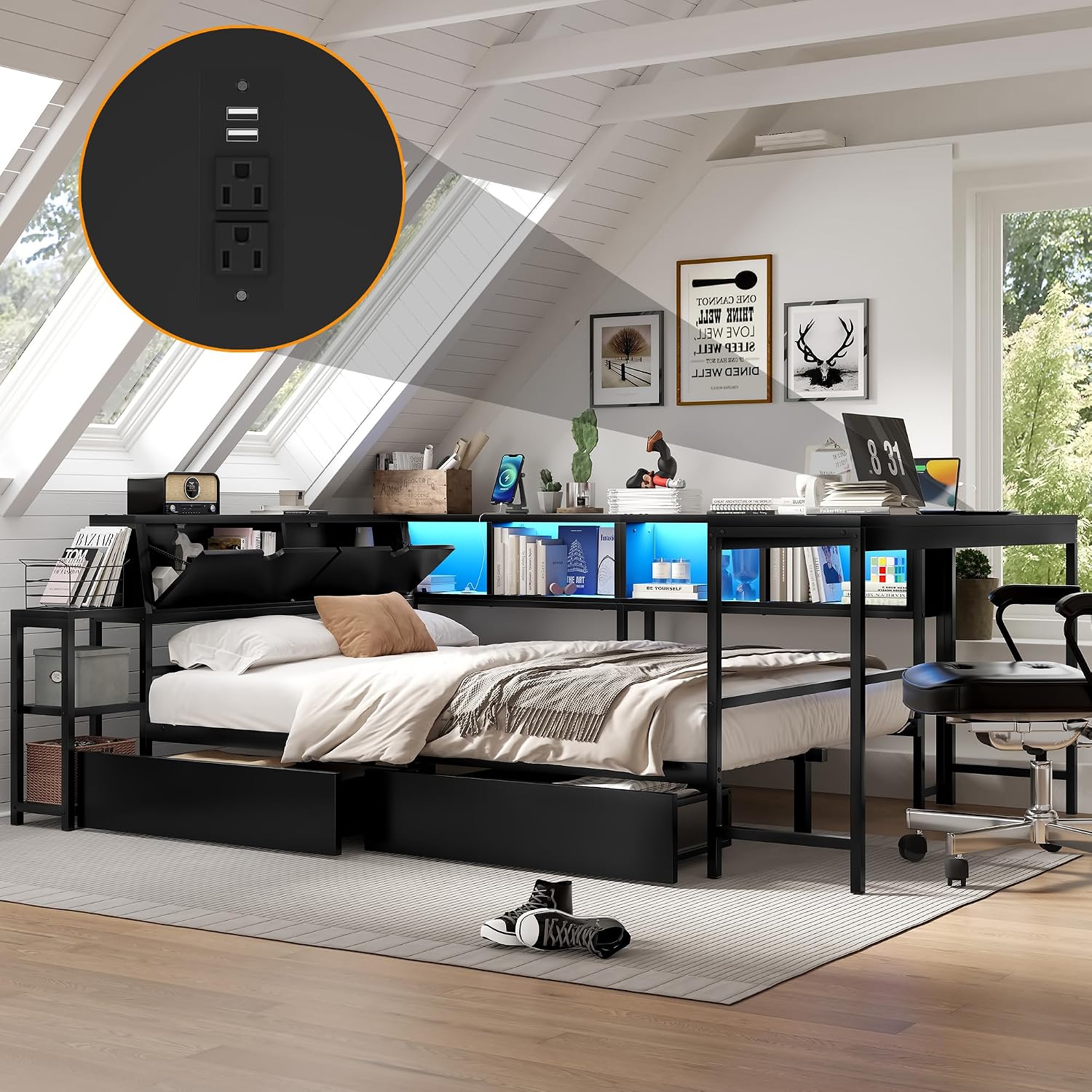 Bellemave Queen Corner Bed Frame with Desk and Storage, Queen Size Captains Bed with Charging Station and LED Light, Wood Daybeds with L-Shaped Bookcase and 2 Drawers, Black