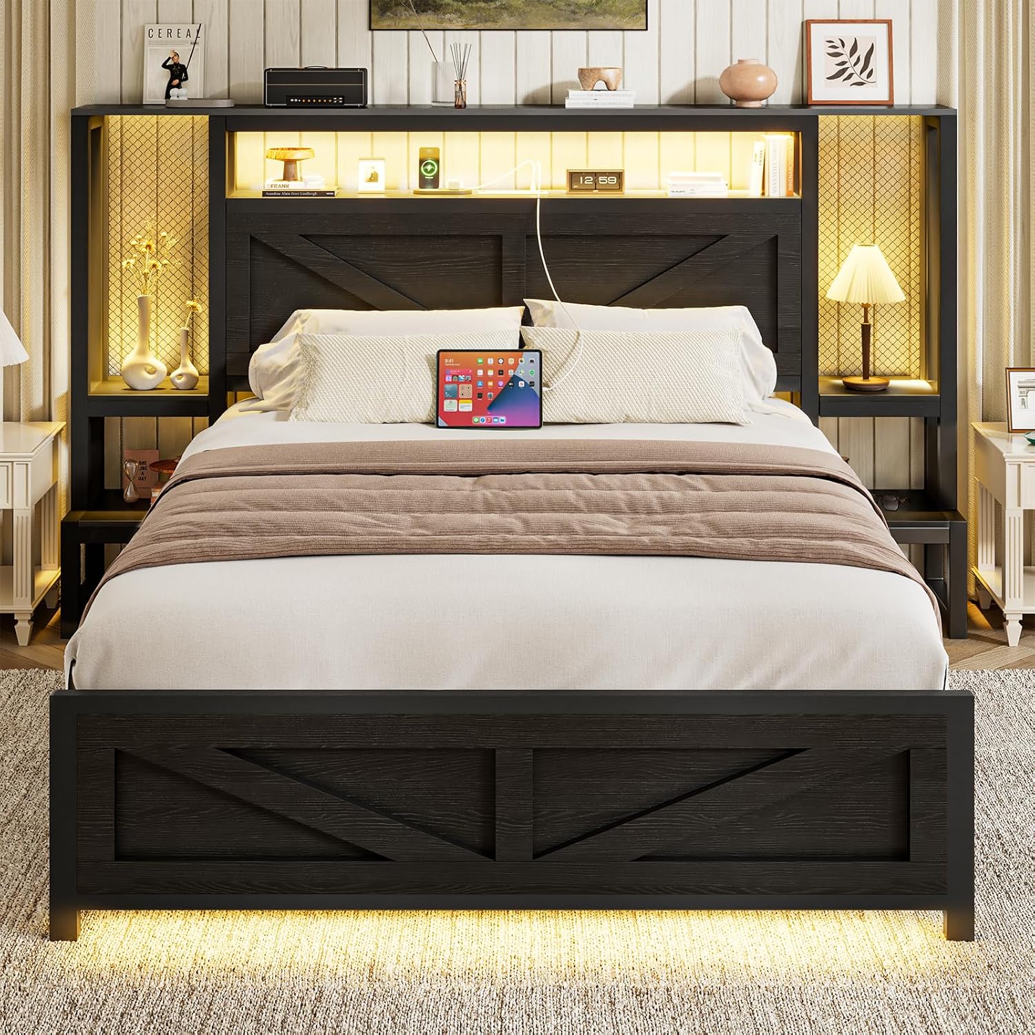 Full Size Rustic Bed Frame with Storage Born Door Headboard and Bedside Storage, Industrial Farmhouse Metal Platform Bed Frame with Charging Station and LED Lights, Black