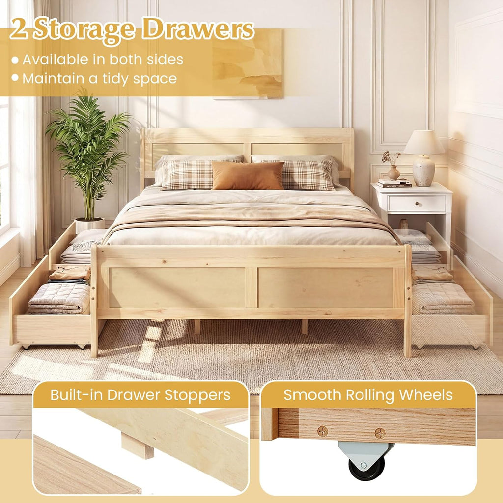 Giantex Queen Bed Frame with 2 Storage Drawers, Wood Platform Bed w/Headboard & Footboard, Wooden Slats Support Mattress Foundation, Sleigh Bedframe for Teens Adults, No Box Spring Needed (Natural)