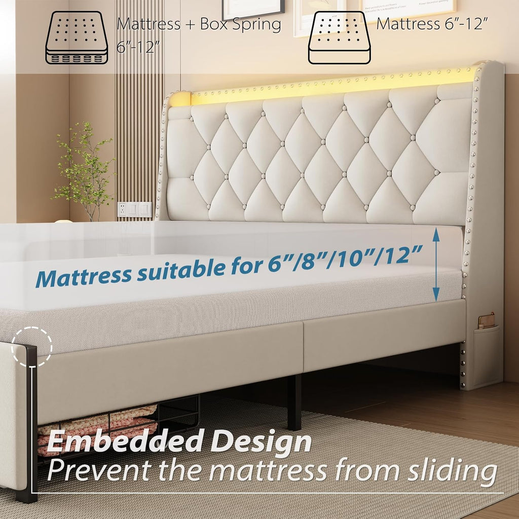 Full Bed Frame with Storage Drawers, LED Bed Frame with Charging Station, Velvet Button Tufted Upholstered Headboard, Wood Slats Support Noise-Free, No Box Spring Needed, Beige