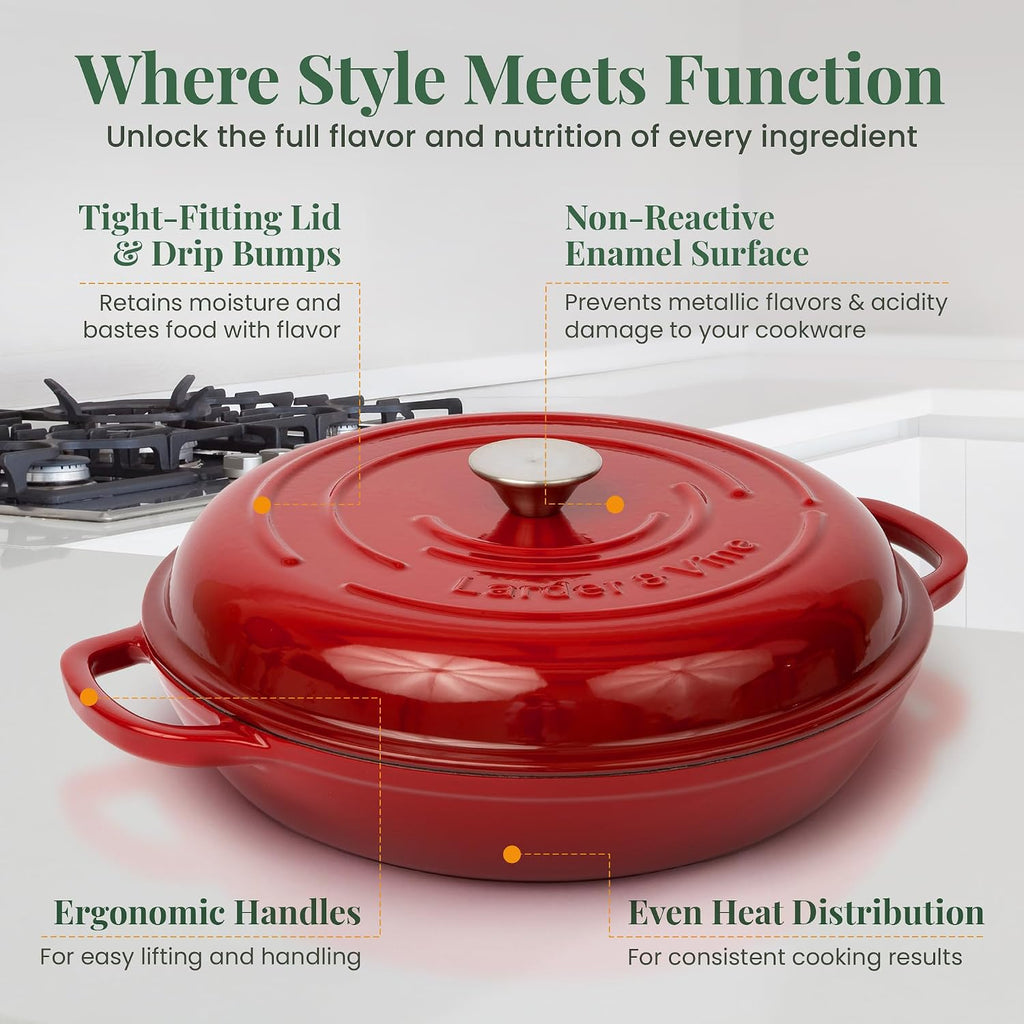 Larder & Vine Enameled Cast Iron Braiser | 3.6 qt Braiser Pan with Lid | Shallow Dutch Oven Compatible on All Cooktops | Casserole Dish Oven Safe to 500° F | Dual Handles | Cabernet