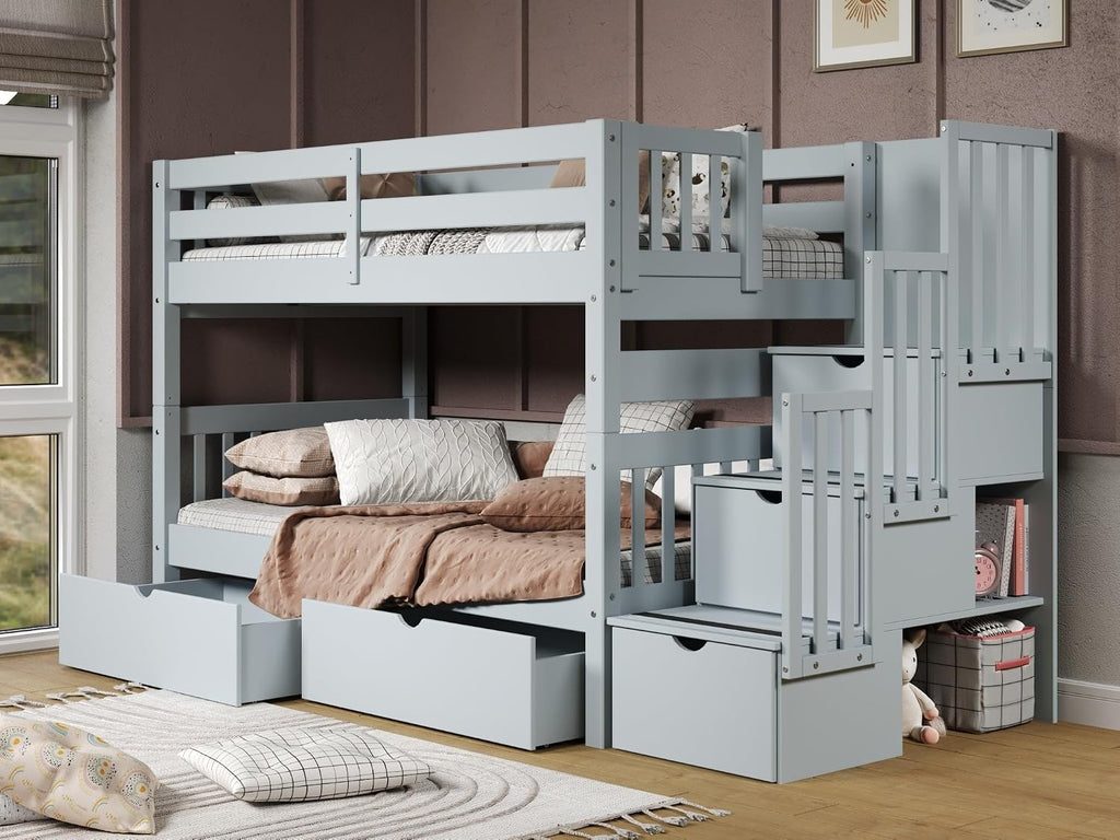 Bedz King Stairway Bunk Beds Twin Over Twin, 3 Step Drawers, 2 Storage Drawers, Breezy Blue