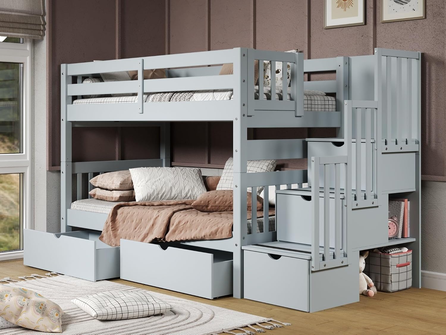 Bedz King Stairway Bunk Beds Twin Over Twin, 3 Step Drawers, 2 Storage Drawers, Breezy Blue