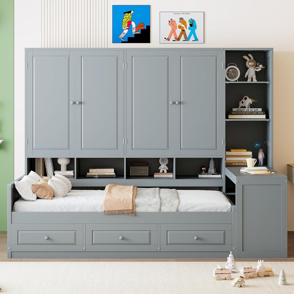 KLMM Twin Size Wooden Daybed with Three Drawers and All-in-One Cabinet,Desk and Shelves,for Living Room Bedroom Use (Gray#Desk, Twin)
