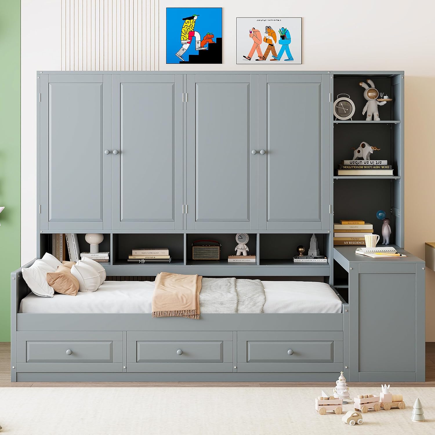 KLMM Twin Size Wooden Daybed with Three Drawers and All-in-One Cabinet,Desk and Shelves,for Living Room Bedroom Use (Gray#Desk, Twin)