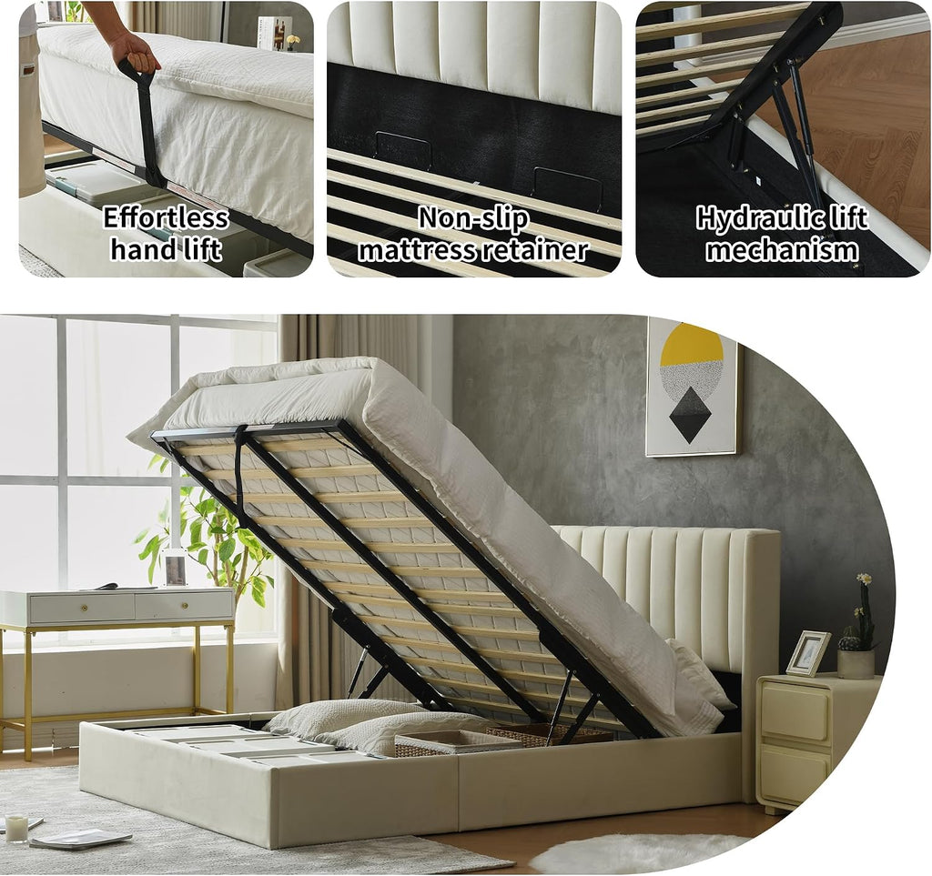 YUHUASHI Queen Size Hydraulic Storage Bed, Upholstered Platform Bed Frame, Modern Wingback Design Headboard, Velvet Fabric with Hydraulic Support Bars, No Box Spring Required (Cream, Queen)