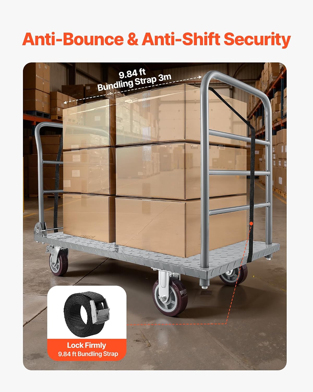 VEVOR 2 in 1Platform Truck, 2650 LBS Heavy Duty Flatbed Cart Dolly with Detachable Rear Guardrail and Swivel Wheels, Foldable Hand Push Truck Cart for Groceries, Garage, Warehouse (48'×24')