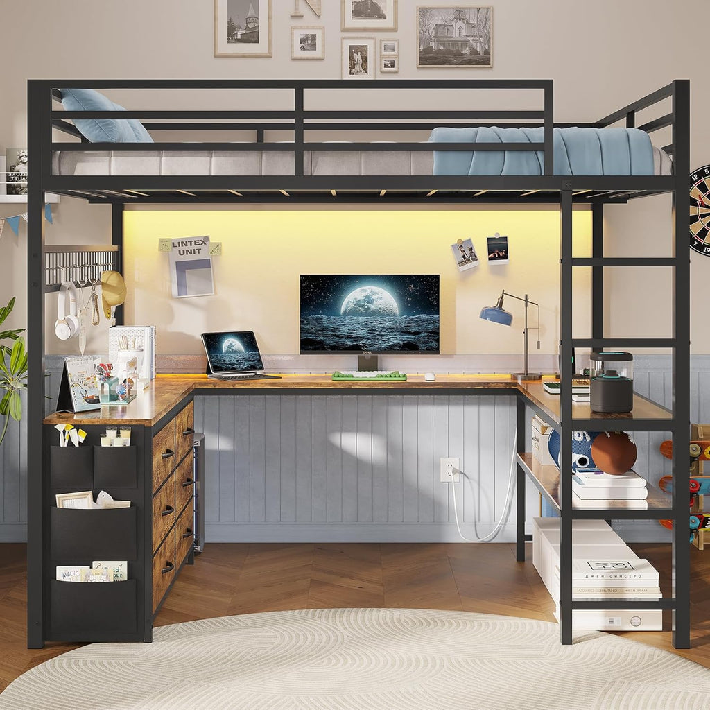 ADORNEVE Loft Bed Full Size with U-Shaped Desk, 6 Storage Drawers, Power Outlet, LED Metal Loft Bed with 2 Storage Shelves, Bed with Safety Guardrail & Ladders, No Box Spring Needed, Rustic Brown