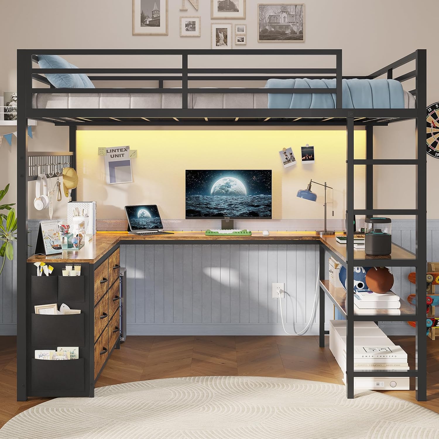 ADORNEVE Loft Bed Full Size with U-Shaped Desk, 6 Storage Drawers, Power Outlet, LED Metal Loft Bed with 2 Storage Shelves, Bed with Safety Guardrail & Ladders, No Box Spring Needed, Rustic Brown