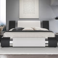 HOOMIC Modern King Faux Leather Bed Frame with Iron Pieces Decor, Low Profile Platform Bed with Height-Adjustable Headboard, Solid Wood Slat Support, No Box Spring Needed, Black & White