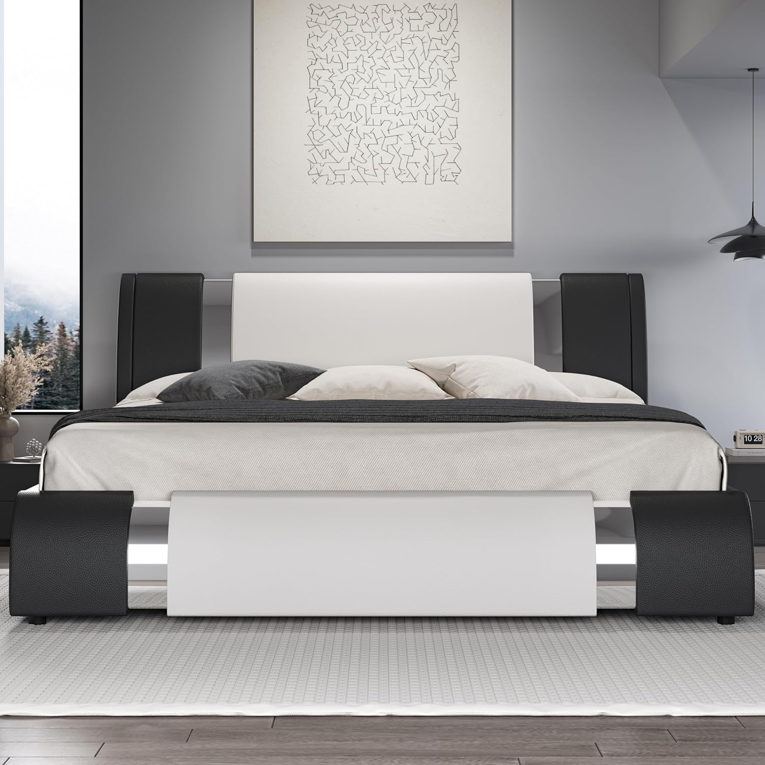 HOOMIC Modern King Faux Leather Bed Frame with Iron Pieces Decor, Low Profile Platform Bed with Height-Adjustable Headboard, Solid Wood Slat Support, No Box Spring Needed, Black & White