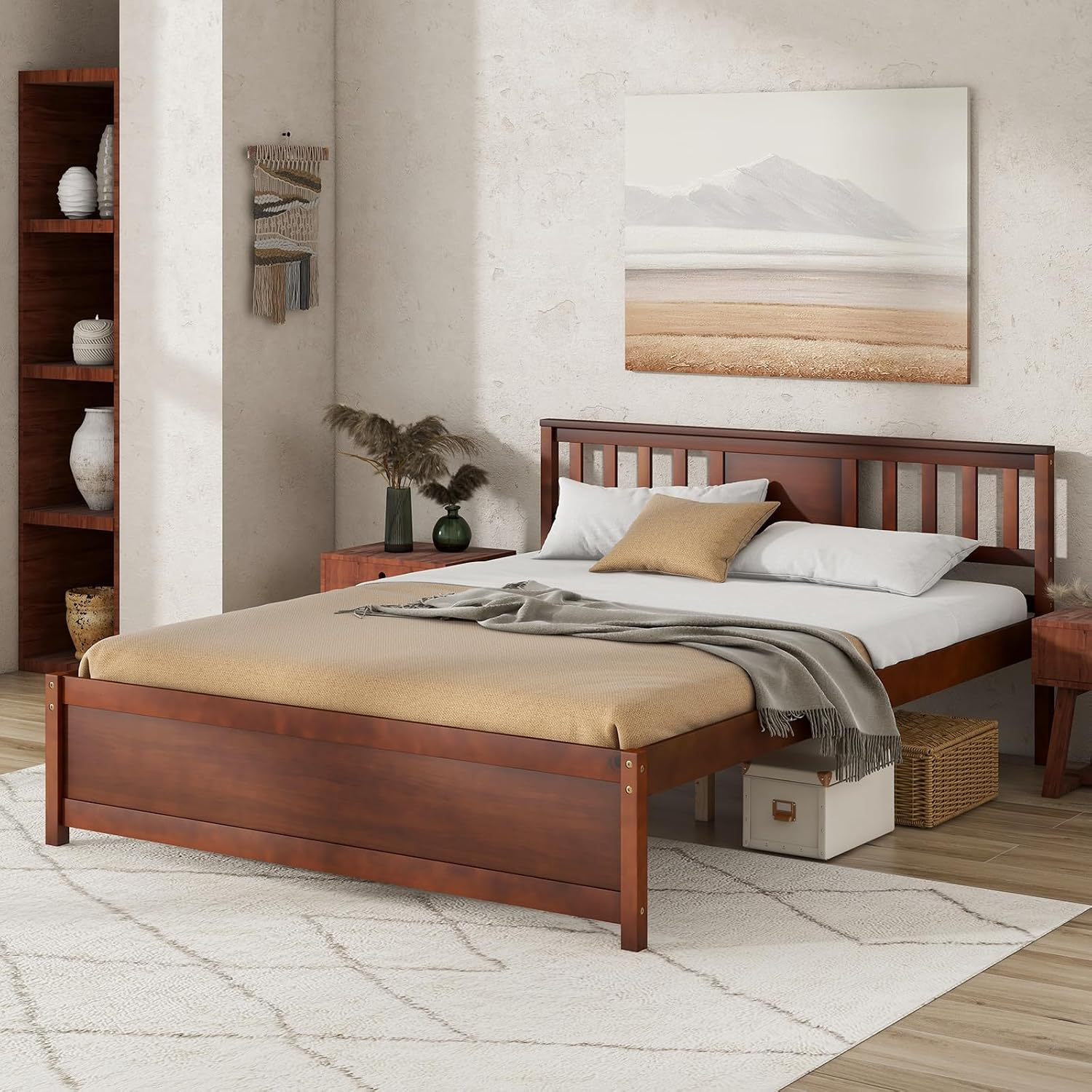 Giantex Queen Size Solid Wood Platform Bed Frame, Mid Century Queen Bed Frame with Headboard, Wood Slat Support, Panel Bed, No Box Spring Needed, Easy Assembly, Walnut