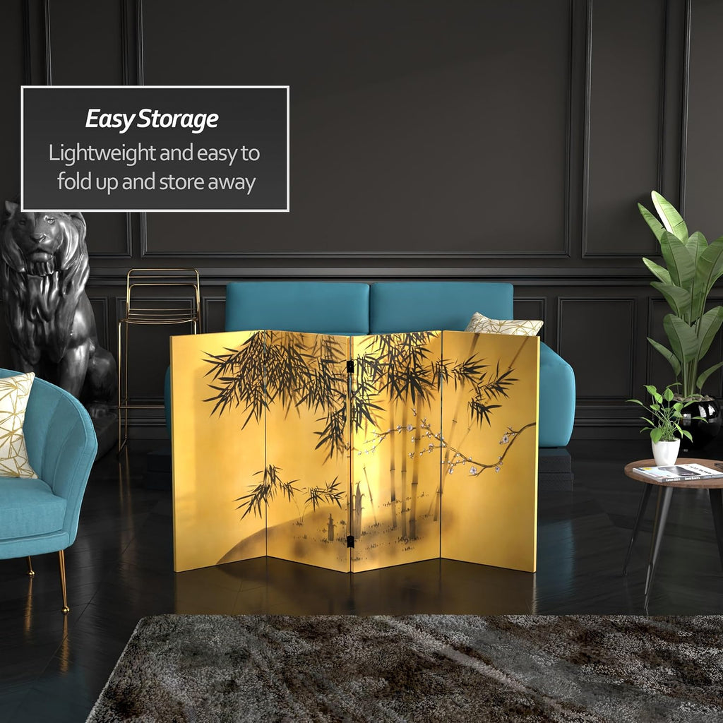 Red Lantern 3 ft. Short Double Sided Bamboo Tree Canvas Room Divider 4 Panel Freestanding Folding Privacy Screen Partition and Separator for Modern and Contemporary Bedroom Home Office Studio Dorm