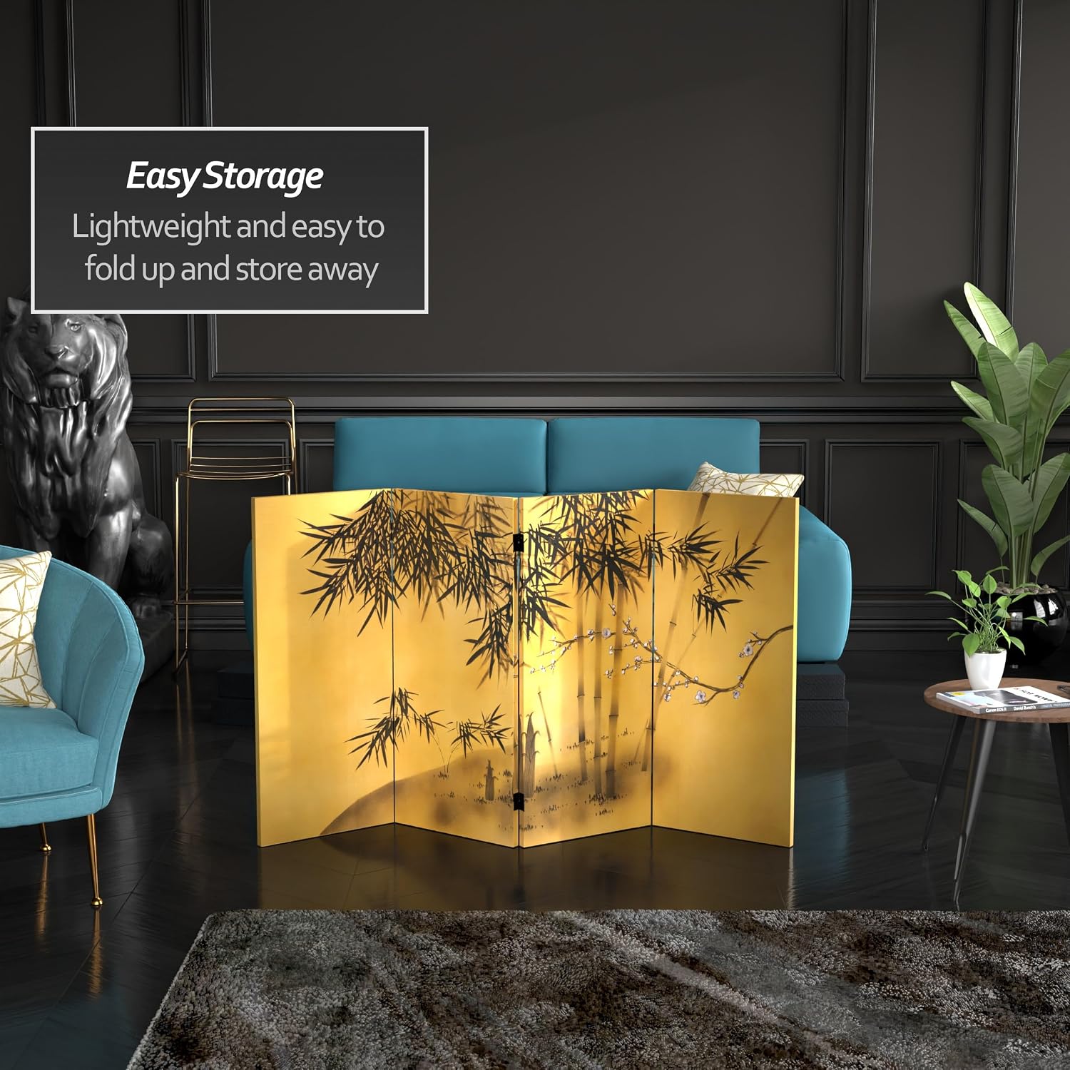 Red Lantern 3 ft. Short Double Sided Bamboo Tree Canvas Room Divider 4 Panel Freestanding Folding Privacy Screen Partition and Separator for Modern and Contemporary Bedroom Home Office Studio Dorm