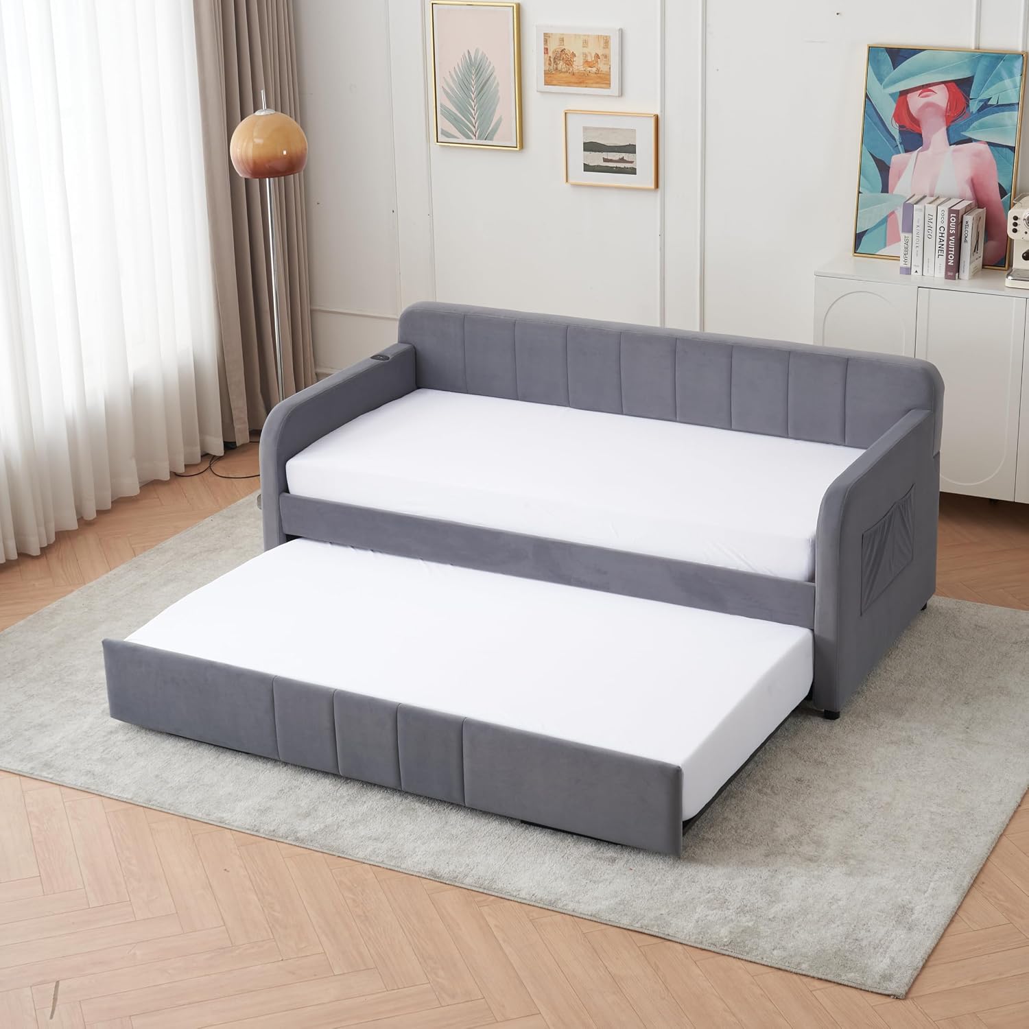 Deolme Twin to King Daybed with Trundle, USB Ports, Velvet Upholstered Daybed with Pop Up Trundle Bed, Modern Extendable Day Bed Frame for Kid Adult Bedroom Living Room Guest Room Small Places Gray