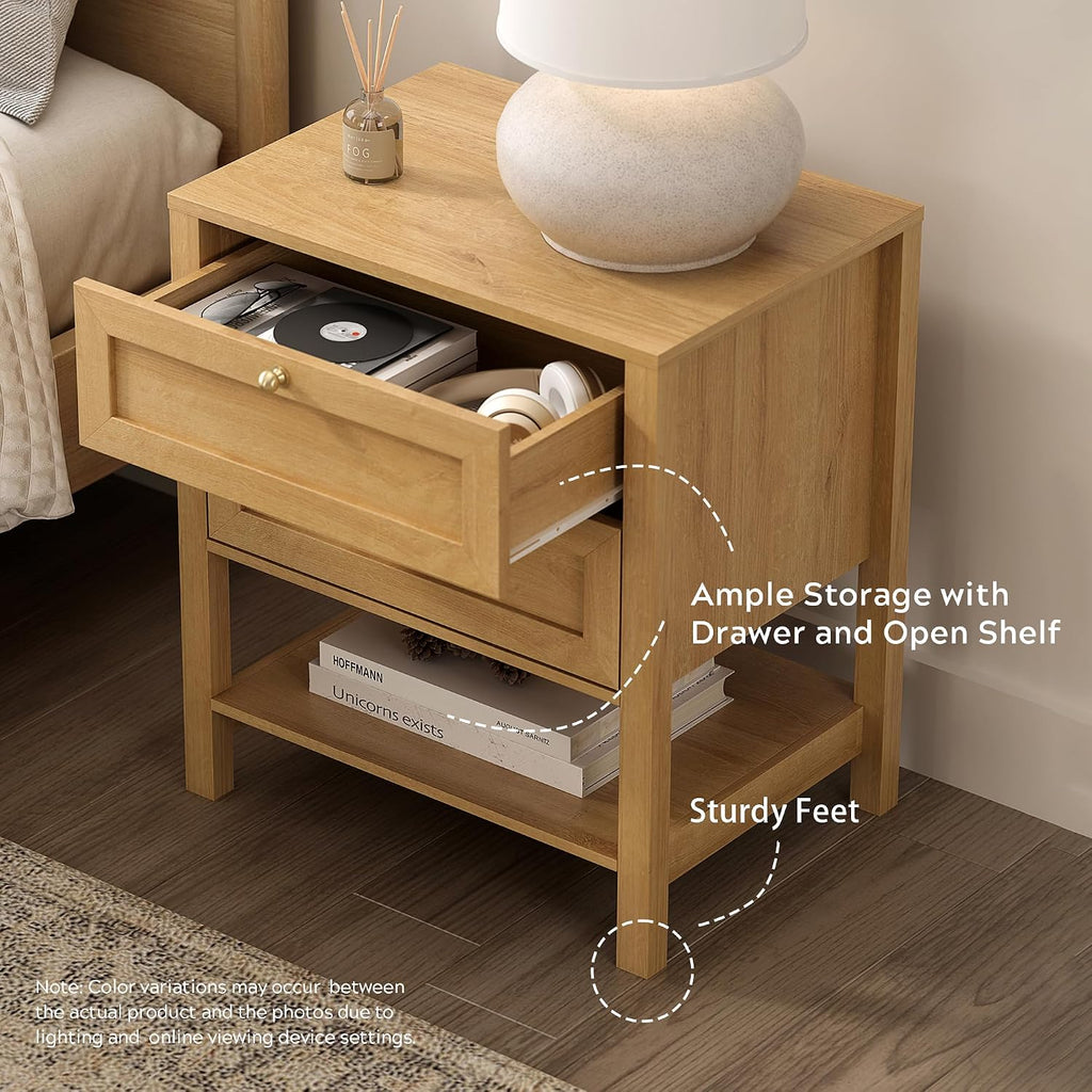 EYYTHUNG Farmhouse Nightstand Set of 2 with Drawers, 24.4' Tall Modern Wood Bedside Table with Open Shelf, Large End Table for Bedroom, Natural Oak