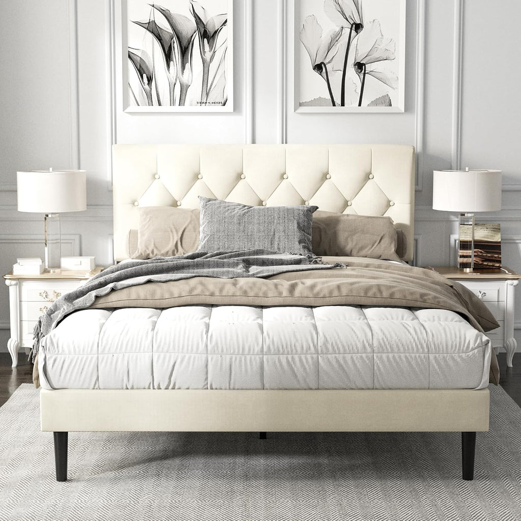 HAOARA Full Size Platform Bed Frame with Upholstered Button Tufted Headboard, Mattress Foundation with Wooden Slat Support, Noise Free, No Box Spring Needed, Easy Assembly, Beige Velvet