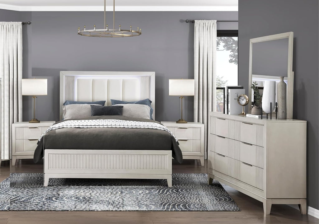 Modern Antique White Finish Bedroom Set 5 Piece Queen Size Bed with LED Light Wooden Furniture