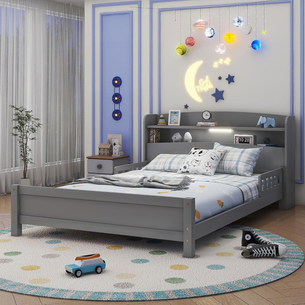 Full Size Kids Bed Frame with Storage Headboard & Motion Sensor LED Light, Wood Low Platform Bed with Detachable Guardrails, Full Bed Frame for Kids Boys Girls, No Box Spring Needed, Grey