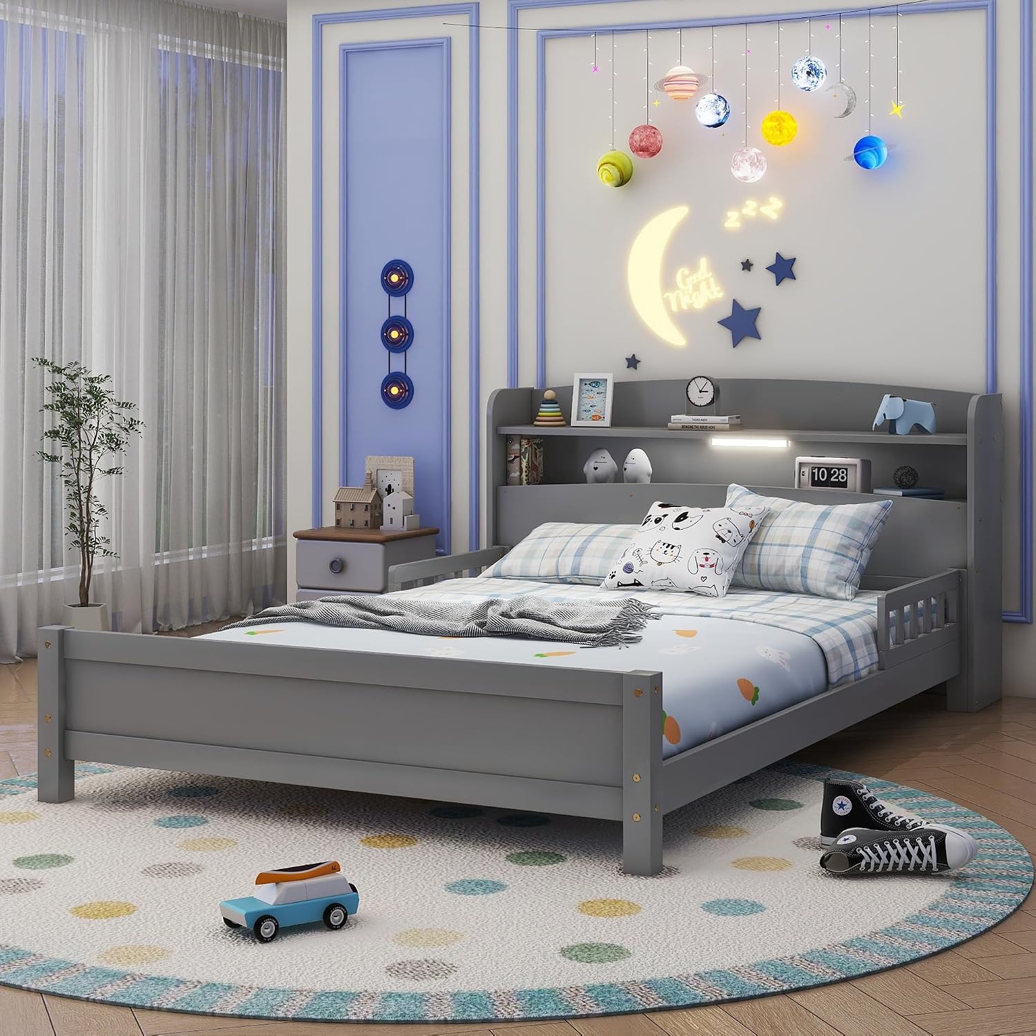 Full Size Kids Bed Frame with Storage Headboard & Motion Sensor LED Light, Wood Low Platform Bed with Detachable Guardrails, Full Bed Frame for Kids Boys Girls, No Box Spring Needed, Grey