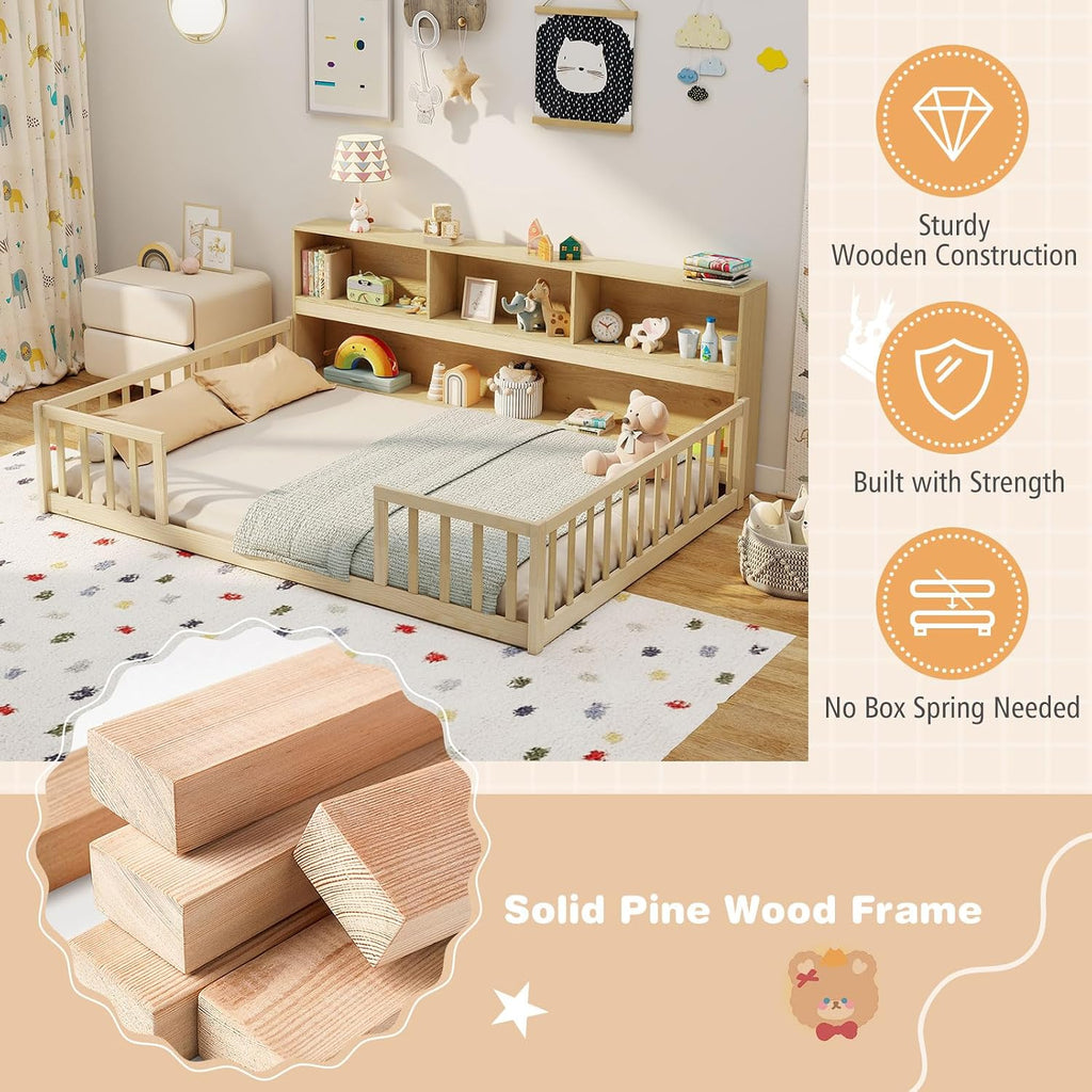Giantex Full Size Floor Bed for Kids, Wooden Montessori Bed Frame with Bookcase, Storage Shelves & Safety Fence Rails, Floor Beds Full for Girls, Boys, No Box Spring Needed, Without Slats, Natural