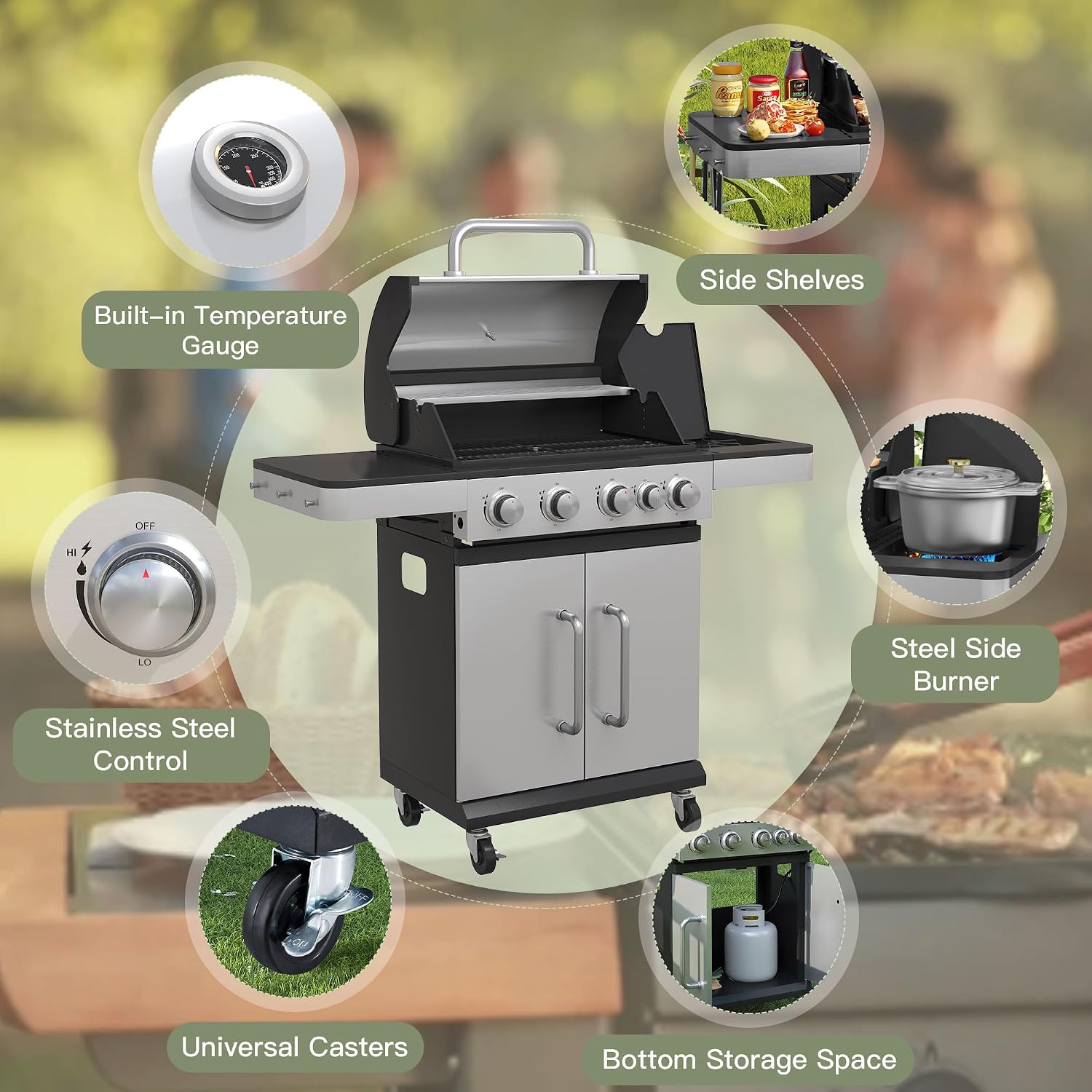 4 Burners Propane Gas Grill with Side Burner, Stainless Steel BBQ Grill with Porcelain-Enameled Cast Iron Grates, 46,500 BTU Outdoor Patio Barbeque Grill for Party, Camping, Backyard