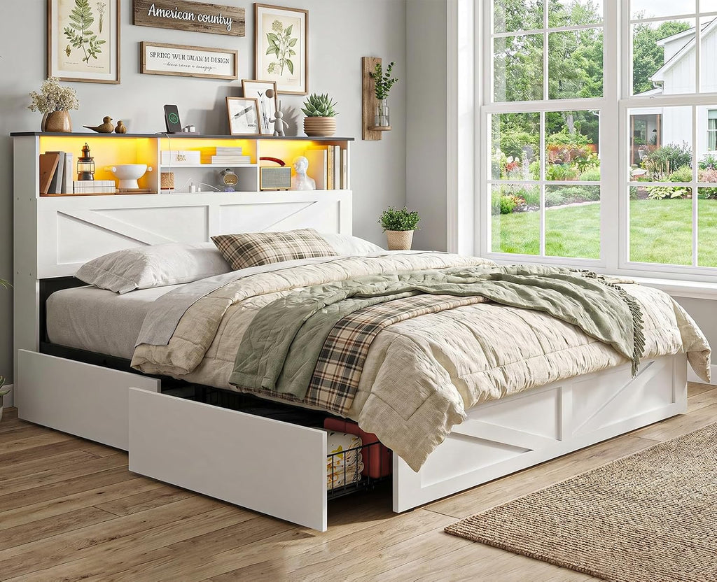 AOGLLATI Queen Bed Frame with Storage Bookcase Headboard and 4 Drawers,Wooden Farmhouse Led Bed Frame Queen Size with Charging Station & Metal Slats,White