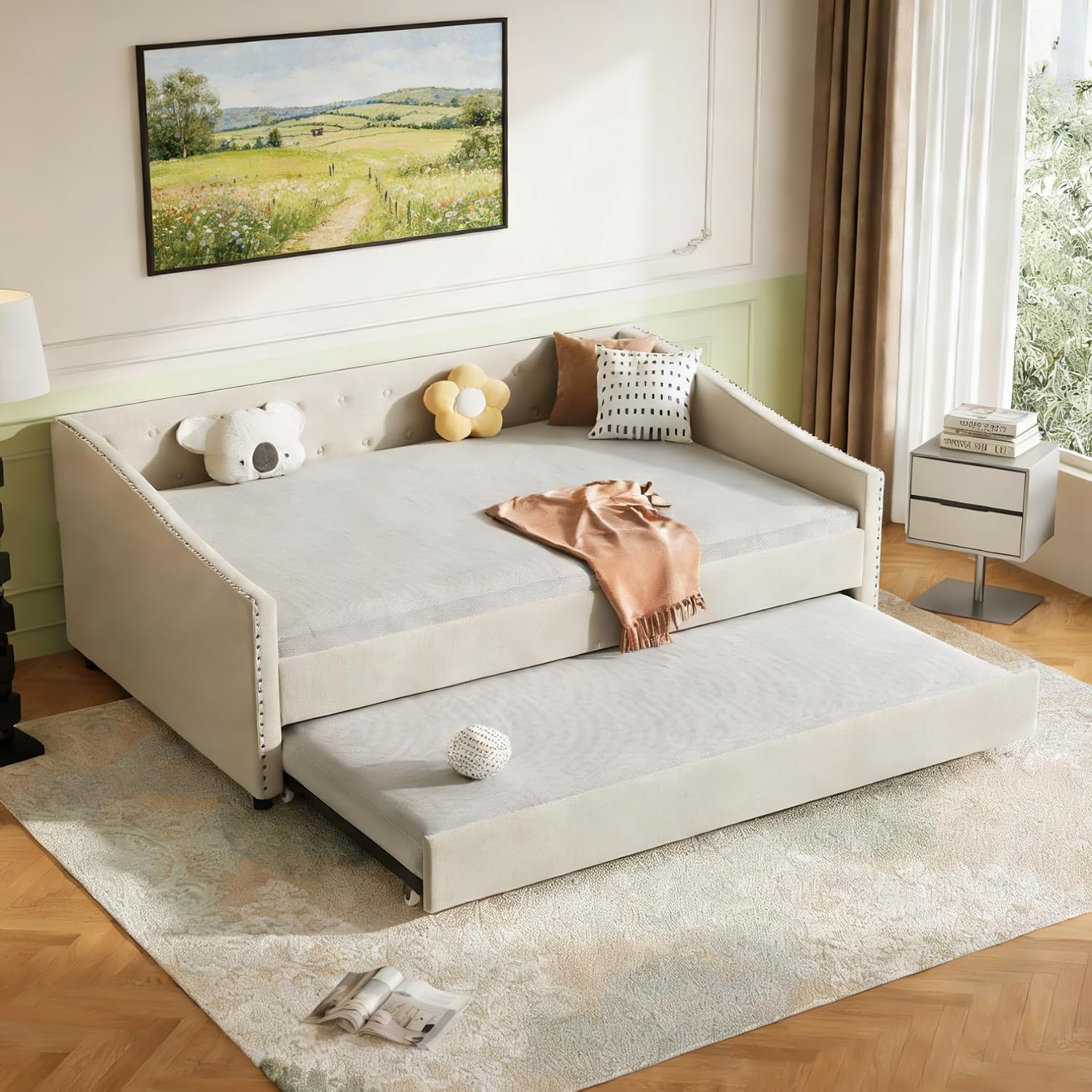 Upholstered Daybed with Trundle, Full Size Day Bed w/Button-Tufted Back and Piping on Waved-Shape Arms for Bedroom or Guest Room, No Box Spring Required,Beige