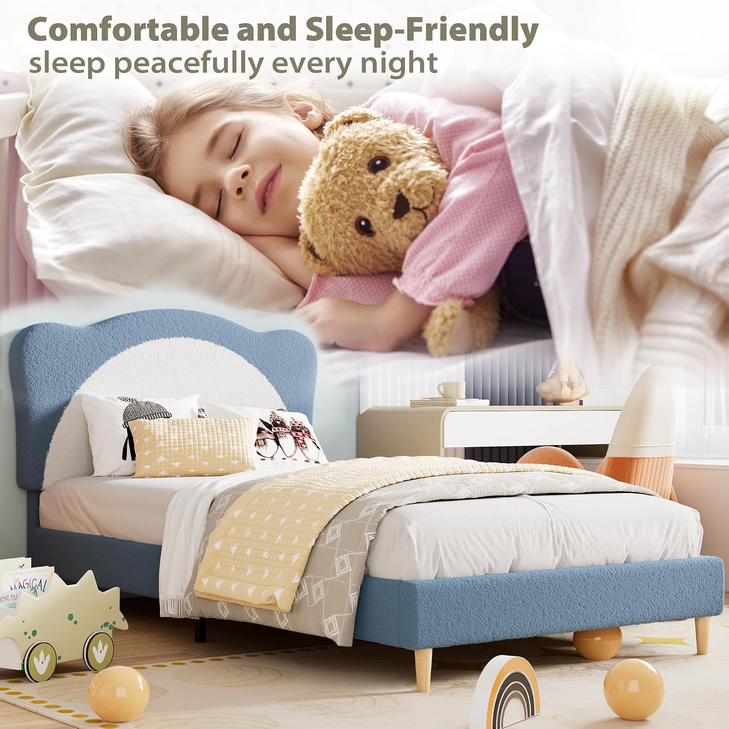 GarveeHome Twin Size Bed Frame for Kids - Cute Velvet Princess Platform Bed with Upholstered Headboard for Girls/Boys, Solid Wood Slats Support, No Box Spring Needed, Blue + White